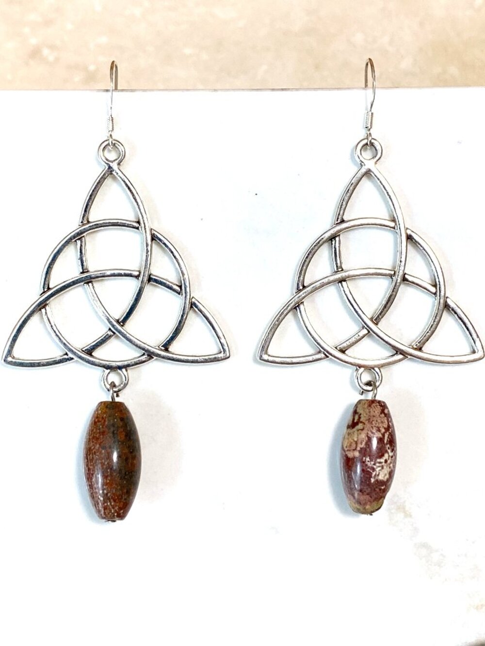 2/$20, Earthy Convoluted Jasper Celtic Trinity Earrings, Gemstone & 925 Hooks